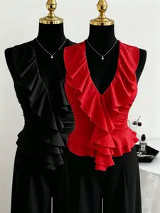 Women's Leaf V-Neck Sleeveless Ruched Tank Top Set, Essential for Daily Commute, Casual Fitted Style, All Seasons Wear