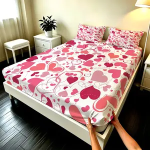 3Pcs Sweet Heart Doodle Collection Fitted Sheet (No Pillow Inserts), Skin-Friendly Breathable Fabric, High-Elastic Edges Fit Mattress Well, Ideal for Bedrooms and Girly Rooms, Practical with Romantic Sweet Home Vibe.