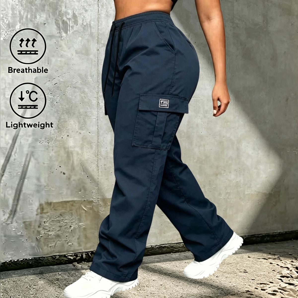 Women’s collegiate-style athletic cargo pants 5-piece set — minimalist basic mid-rise loose wide-leg cargo pants with large flap pockets, suitable for casual outings, year-round wear, and back-to-school shopping.
