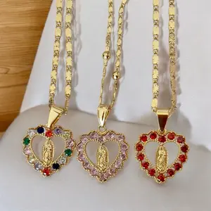 Virgin Mary CZ Heart Gold Plated Pendant Necklace