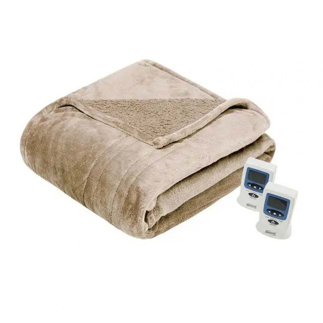 Beautyrest Heated Microlight-to-Berber Blanket - Tan Color, Twin Size Bedding Blanket