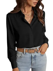 Women's French Workwear Shirt, Long Sleeve Button Front Blouse, Classic Collar, All-Season Professional & Daily Wear