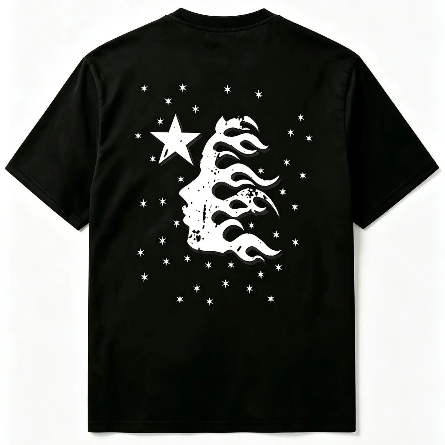 Men's Oversized Cotton Short-Sleeve Round Neck Graphic Tshirt - Casual Menswear, Y2K Streetwear, Back Print Star Flame Abstract Dark Aesthetic, Unisex Design