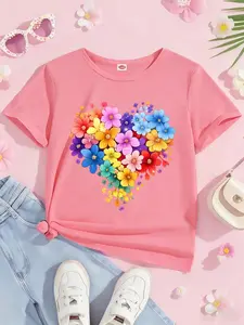 Girls' Multicolor Floral Heart T-Shirt, Soft Breathable Skin-Friendly, Casual Summer Top, Perfect for Daily School and Sweet Style, Graphic Shirt, Floral Print Shirt