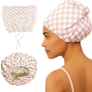 Fashion Chess Pattern Waterproof Bath Cap, Dual Layer Hair Protection, Satin Lined with Microfiber Towel, Ideal for Daily Shower and Hair Care, Shower Essentials