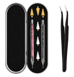 Rhinestone Picker Tool, Dual-ended Rhinestones Applicator Nail Art Design Tool, 2 Pack Acrylic Handle Nail Pen with 4 Extra Wax Tips and1 Tweezer