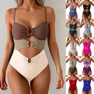Sexy Cutout One-Piece Swimsuit – Colorblock High-Waist Monokini with Ring Detail, Trendy Summer Beachwear