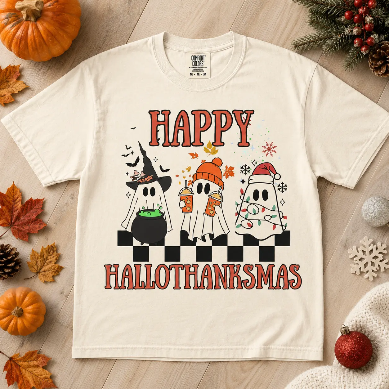 COMFORT COLORS Happy Hallothanksmas Shirt, Cute Ghost Halloween Thanksgiving Christmas Graphic Tee Holiday Season Gift for Women Men Unisex