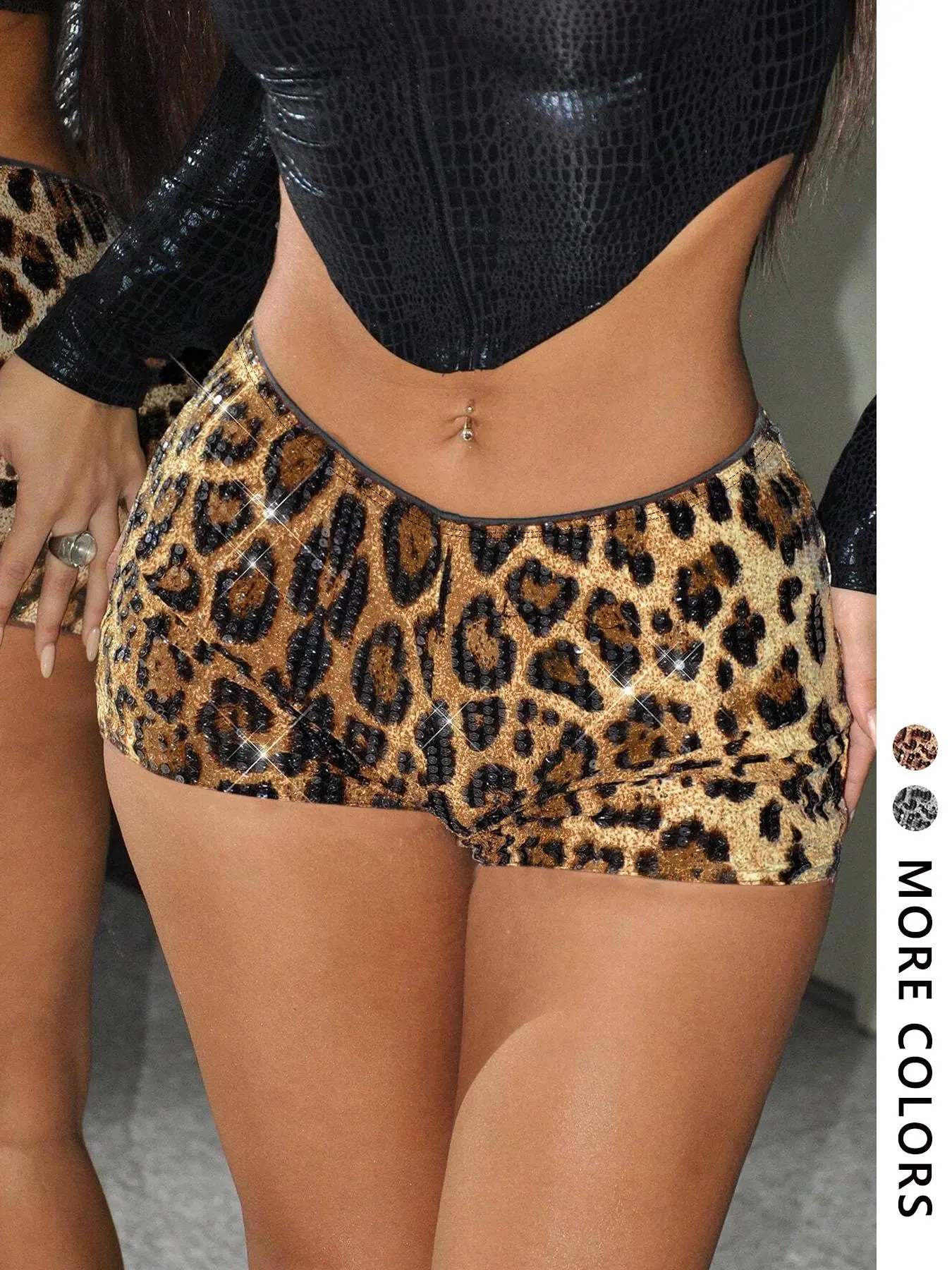 Women's Leopard Print Contrast Sequin Shorts, Fitted Fashion Shorts, Fashion Casual Shorts for Daily Outdoor Wear, Ladies Bottoms for Summer, Elastic Waist Short, Elastic Waistband Shorts