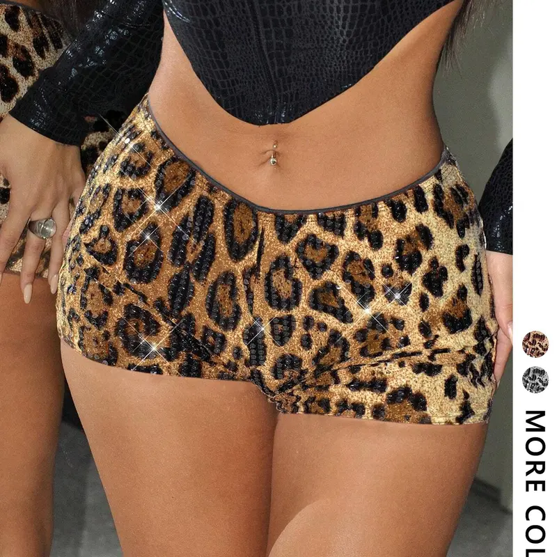 Women's Leopard Print Contrast Sequin Shorts, Fitted Fashion Shorts, Fashion Casual Shorts for Daily Outdoor Wear, Ladies Bottoms for Summer, Elastic Waist Short, Elastic Waistband Shorts