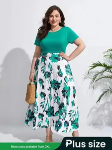Plus Size Floral Patchwork Print Round Neck A Line Dress, Elegant Casual Boho Style Fashion Short Sleeve High Waist for Summer, Women's Clothing Daily Wear, Comfy, Formal, Vacation, Versatile, Comfort