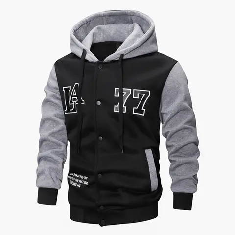 Men's polyester hooded jackets, spring & autumn outdoor sports printed sweatshirts, buttoned cardigan color-block coats – trendy casual men's clothing. Long Sleeve