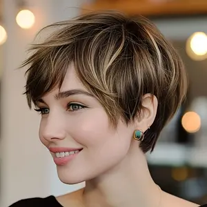 New Fashion Brazilian Remy Human Hair Wig - Pixie Cut with Bangs, Glueless Straight Hairstyle, Natural Brown/Blonde Highlights (4/27 # ), 150% Density, Rose Net Cap - No Glue Needed, Secure Fit for Everyday, Cosplay, Short Hair Wigs