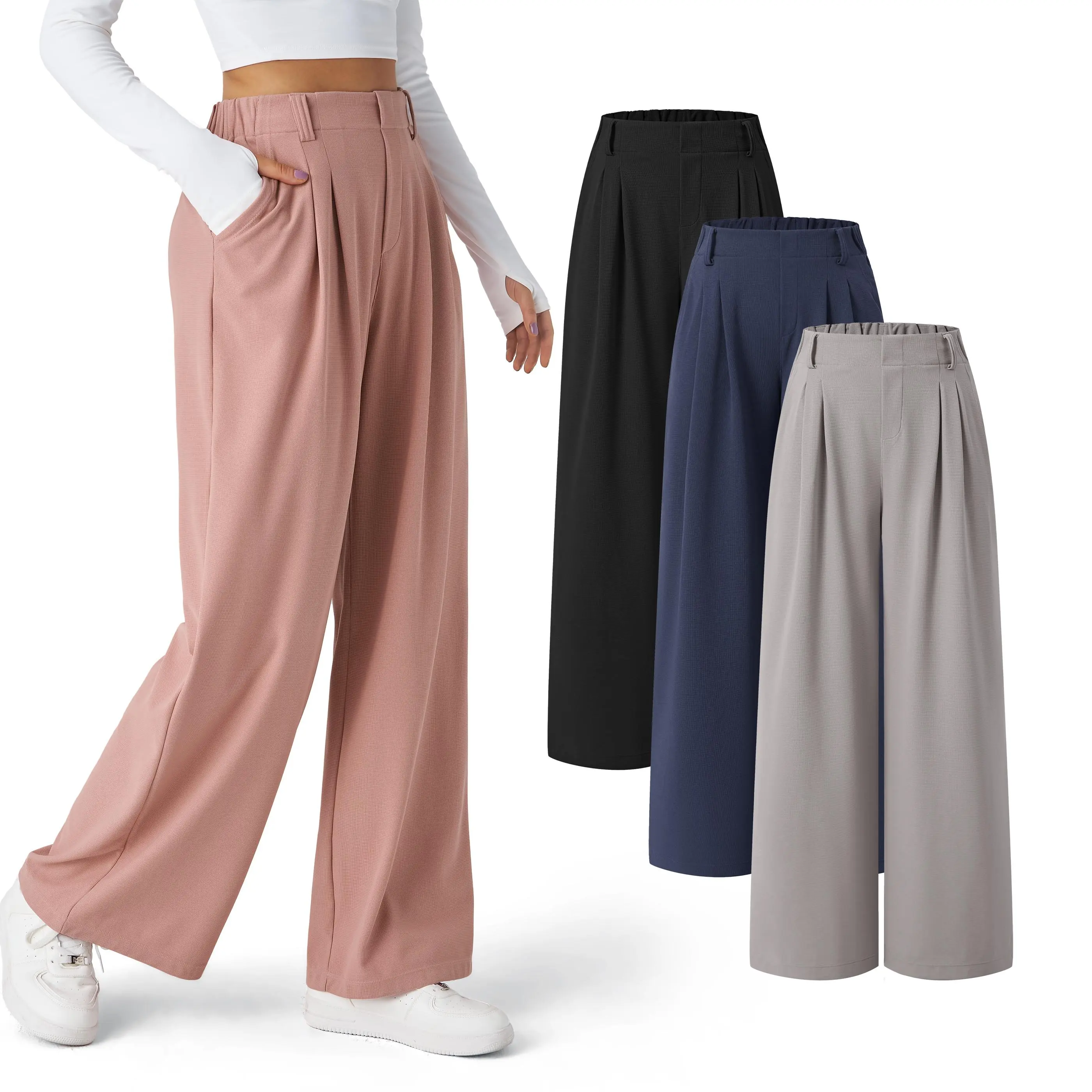 Halara 3-Piece Flex High Waisted Side Pocket Wide Leg Waffle Work Pants Set