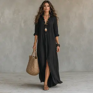Boho Shirt  Bohemian-style shirt dress with accessories: necklace for women. 2026 – Front-buttoned maxi dress, casual summer maxi dress accessory necklace, vacation beachwear necklace, loose-fitting style accessory necklace.mothers day gift ideas
