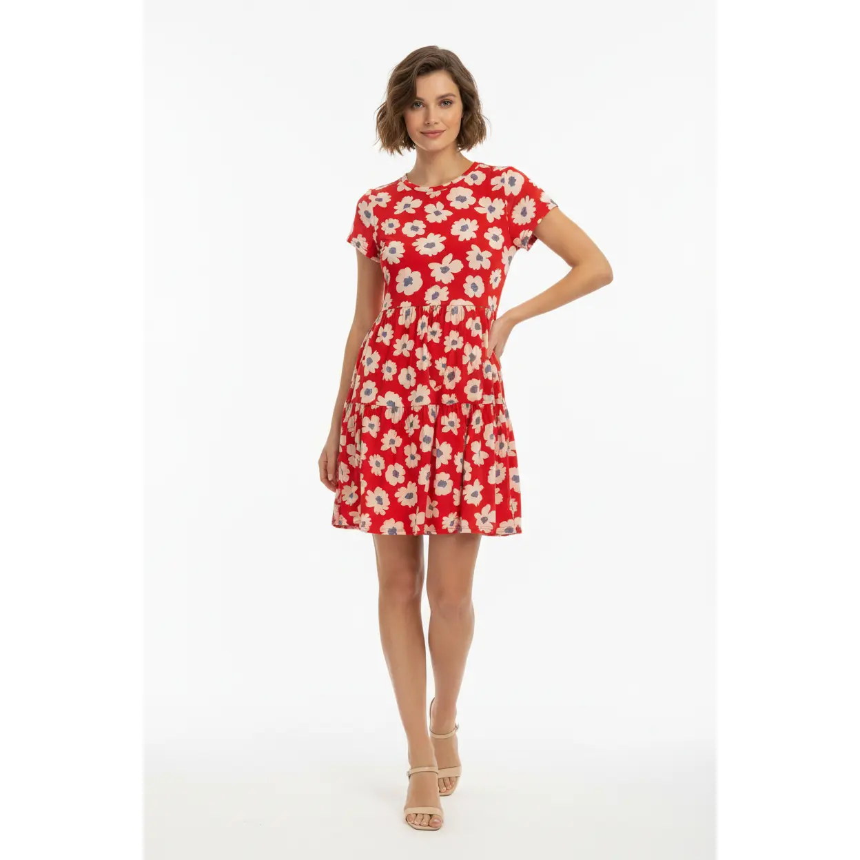 LuLaRoe Ariel Women's Tiered Knee-Length Dress, Red Ivory Floral Print Jersey Knit Fabric with Side Pockets, Tiered Dress, Polyester Blend, Spandex, Style, Shortsleeve, Casual, Round Neck, Pocket Detail