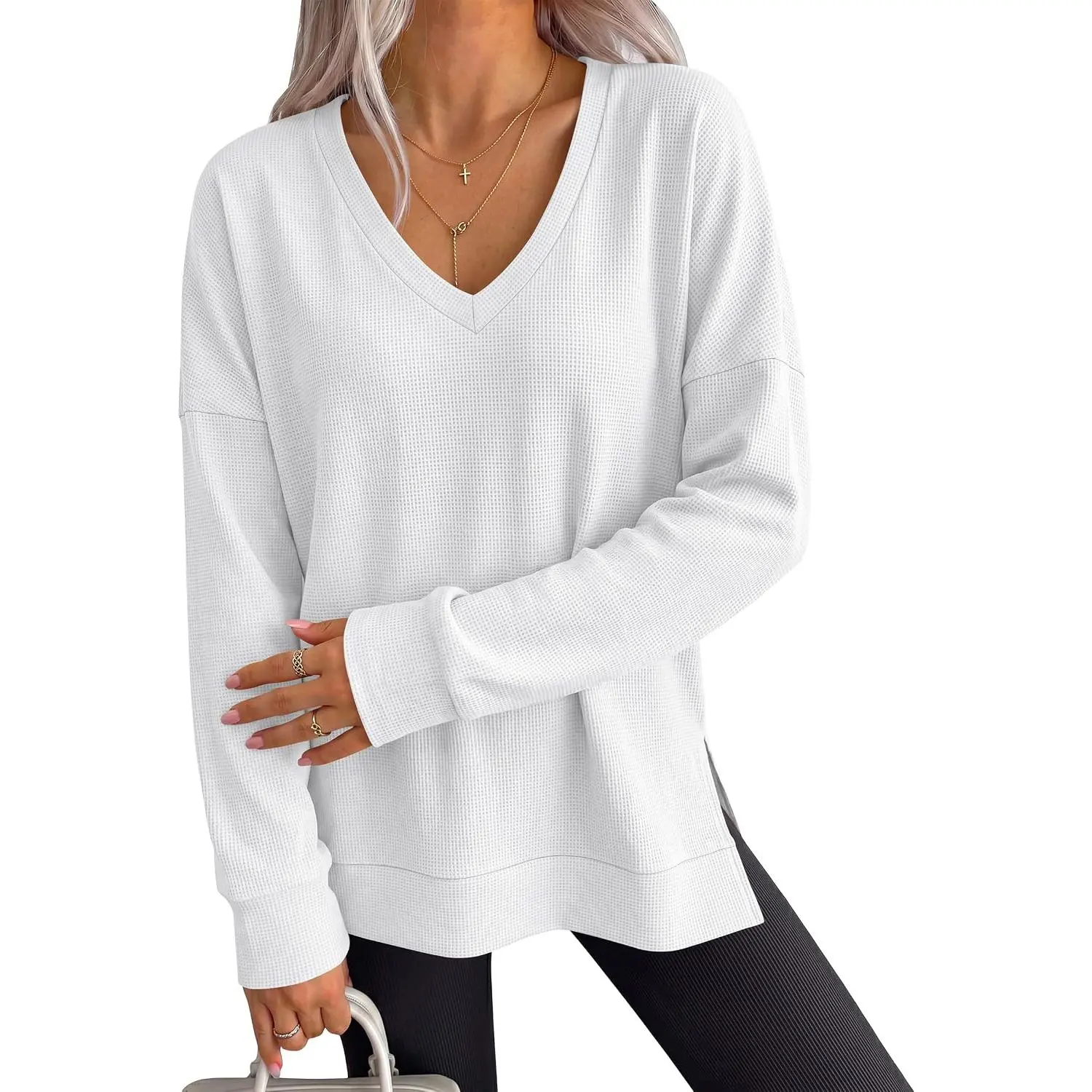 ANRABESS Long Sleeve Shirts for Women Waffle Knit V Neck Relaxed Side Slit 2026 Fall Pullover Tops for Daily Casual Wear