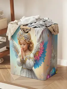 Angel Pattern Printed Open Storage Bin, Foldable Storage Laundry Basket Bag with Handles, Home Bathroom Foldable Laundry Hamper for Dirty Clothes Storage