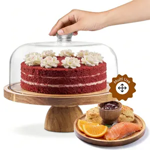 OUTGOODS 12 Inch Acacia Wood Cake Stand with Acrylic Dome Lid – 2‑in‑1 Multifunctional Dessert Display & Charcuterie Board, Round Serving Platter for Cake, Fruit, Cheese, Chips, Dips & Party Snacks