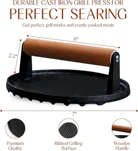 Bellemain Heavy Duty Cast Iron Smash Burger Press 7" Round Grill Press for Cooking Burgers, Bacon, Sandwiches, Steak, BBQ, Ground Beef, Meats, Sausages, and So On