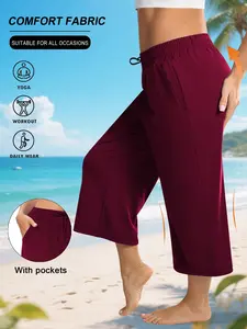Plus Size High-Waisted Drawstring Wide-Leg 7/4 Pants with Adjustable Elastic Waist and Side Pockets, Comfortable Loose Fit Casual Sporty Pants for Women Spring Summer