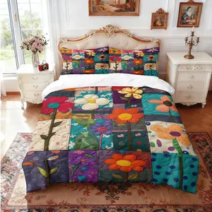 Three-piece bedding set retro patchwork style color floral print (1 set +2 pillowcases, no core), personalized bedding, suitable for high-end bedrooms of various size to meet different needs, Floral Bedding Sets