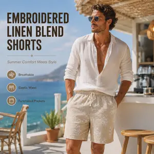 Men's Embroidered Linen Blend Shorts Drawstring Elastic Waist Casual Beach Vacation Shorts
