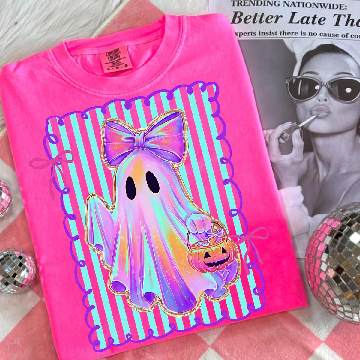 Comfort Colors Preppy Halloween Ghost Shirt, Cute Boo Ghost Coquette Tee, Floral Spooky Season Pumpkin Shirt, Girly Retro Halloween Apparel for Women