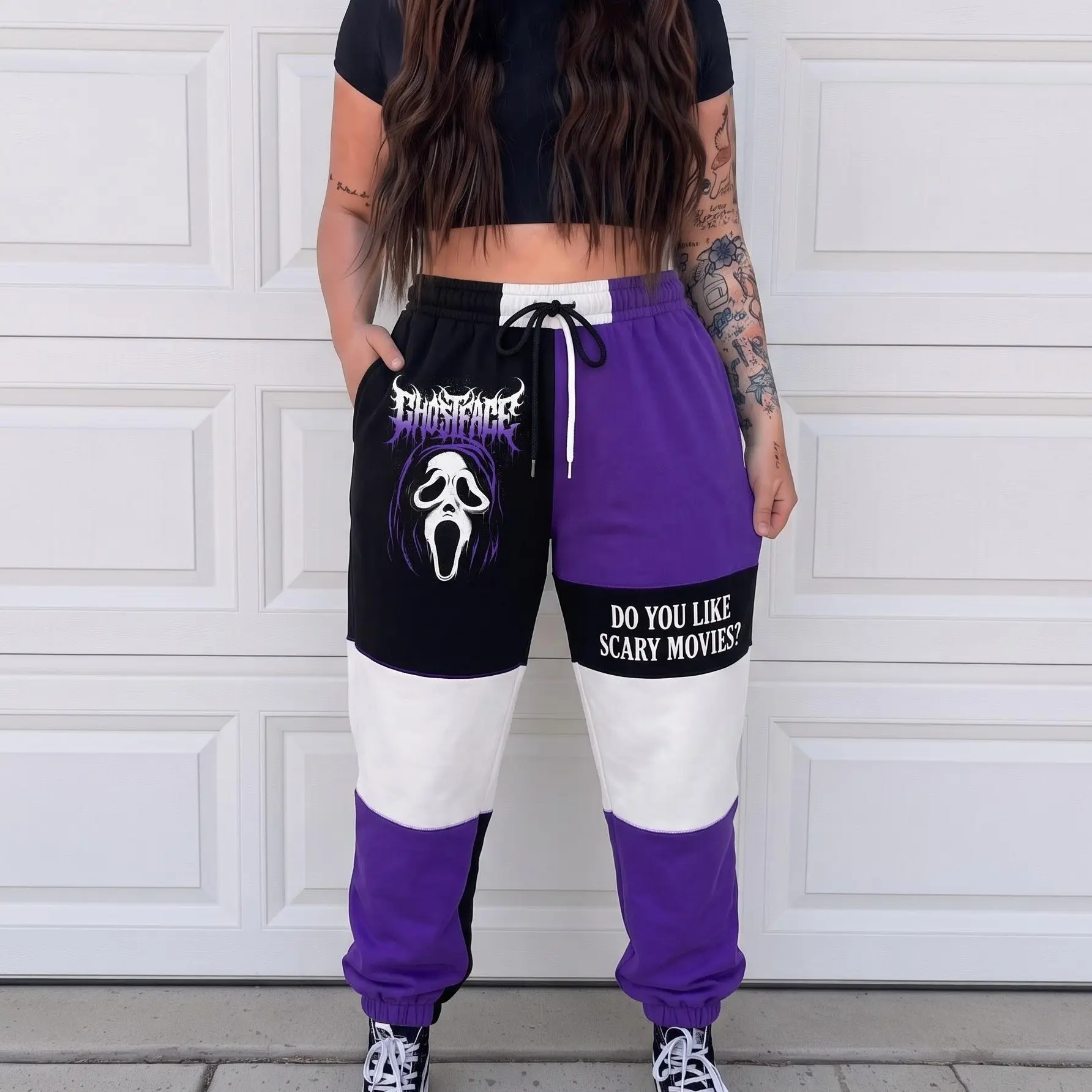 Ghostface Do You Like Scary Movies Halloween Sweatpants, Purple Scream Patchwork Jogger Pants, Spooky Horror Streetwear Pants, Fall Winter Pants, For Men & Women, Gift For Horror Fans