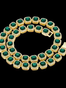 14K Gold Plated Stainless Steel Iced Out Emerald Green CZ Cluster Necklace, Square Cut Gemstone with Micro Pave Diamond Border, Hip Hop Cuban Link Chain Jewelry for Men & Women, Bling Statement Necklace for Rappers & Fashion Enthusiasts