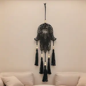 Bohemian Black Evil Eye Wood Beaded Tassel Hanging Decor - Artistic Minimalist Gothic Home Wall Ornament Craft, Lightweight for Modern Apartments, Wedding Venues