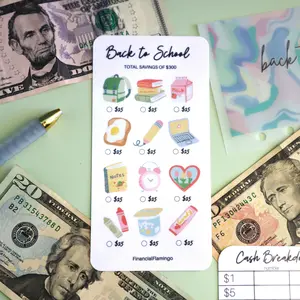 FinancialFlamingo Back to School Savings Challenge A6 Size Laminated Matte or Glossy Reusable Tracker for Supplies Clothes and Essentials