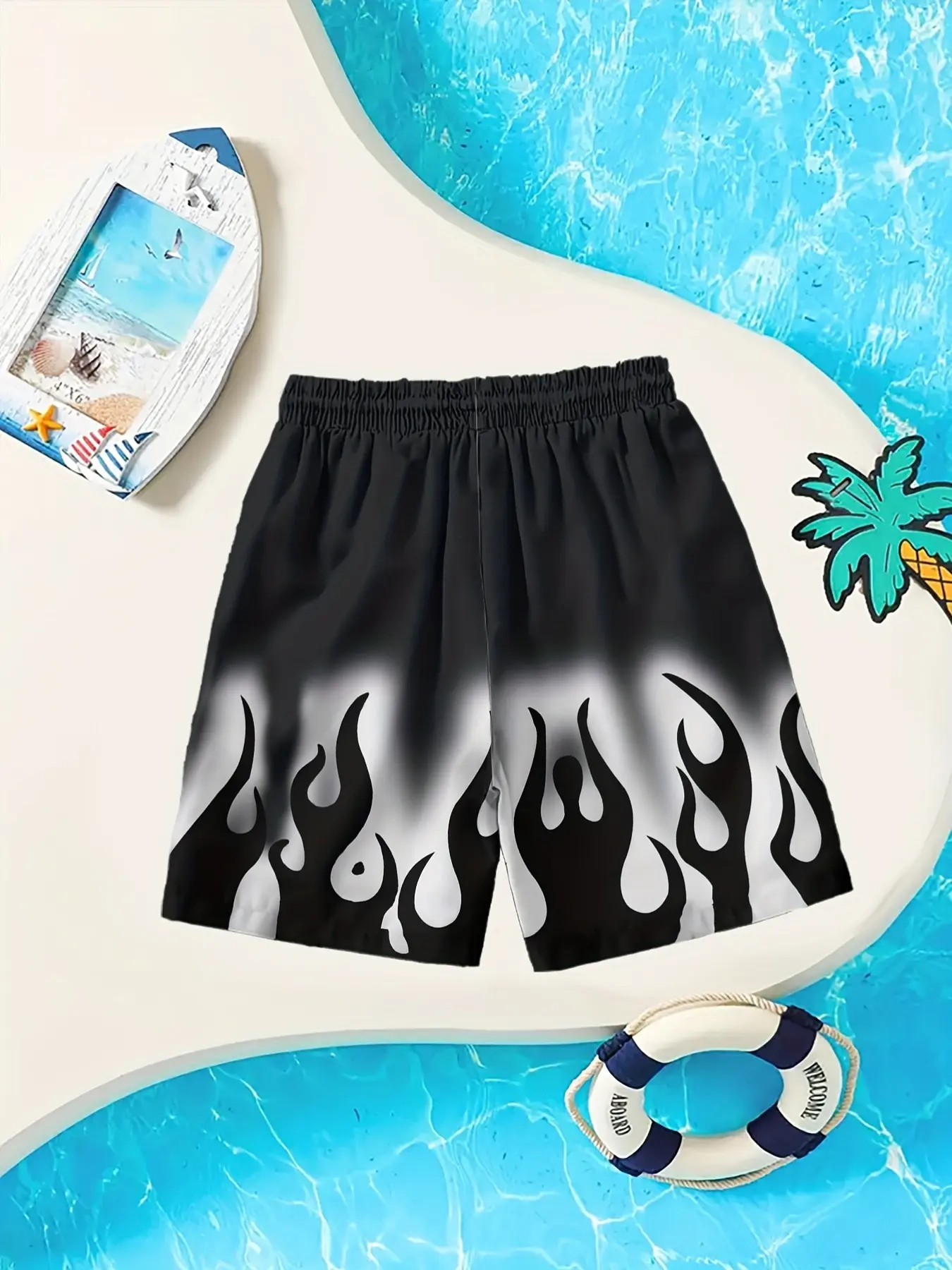Cool Flame Print Boys' Swim Trunks, Quick-Dry UV Protection Beach Shorts, Summer Essential Swimming Gear, Casual Loose Fit Drawstring Waist, Swimwear Shorts, Stretch Swim Shorts, Swim Bottoms, Youth Boys Swim Trunks