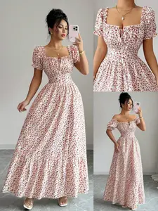 Women's Digital Print Bubble Sleeve Tie Front Backless Dress – Elegant Waist Cinched Vacation & Date Dress