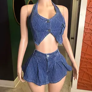 Fashion slim fit halterneck buttoned sleeveless stretch casual denim suit