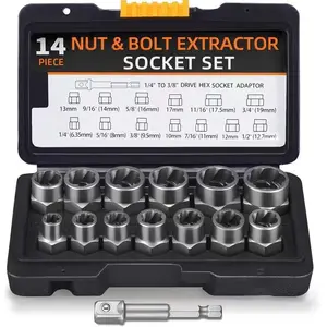 Bolt Removal Tool Set, Extraction Socket Set, 13+1 Piece Kit with 3/8 Inch Adapter, Rusty Round Head Damaged Nut Remover, Durable Storage Box
