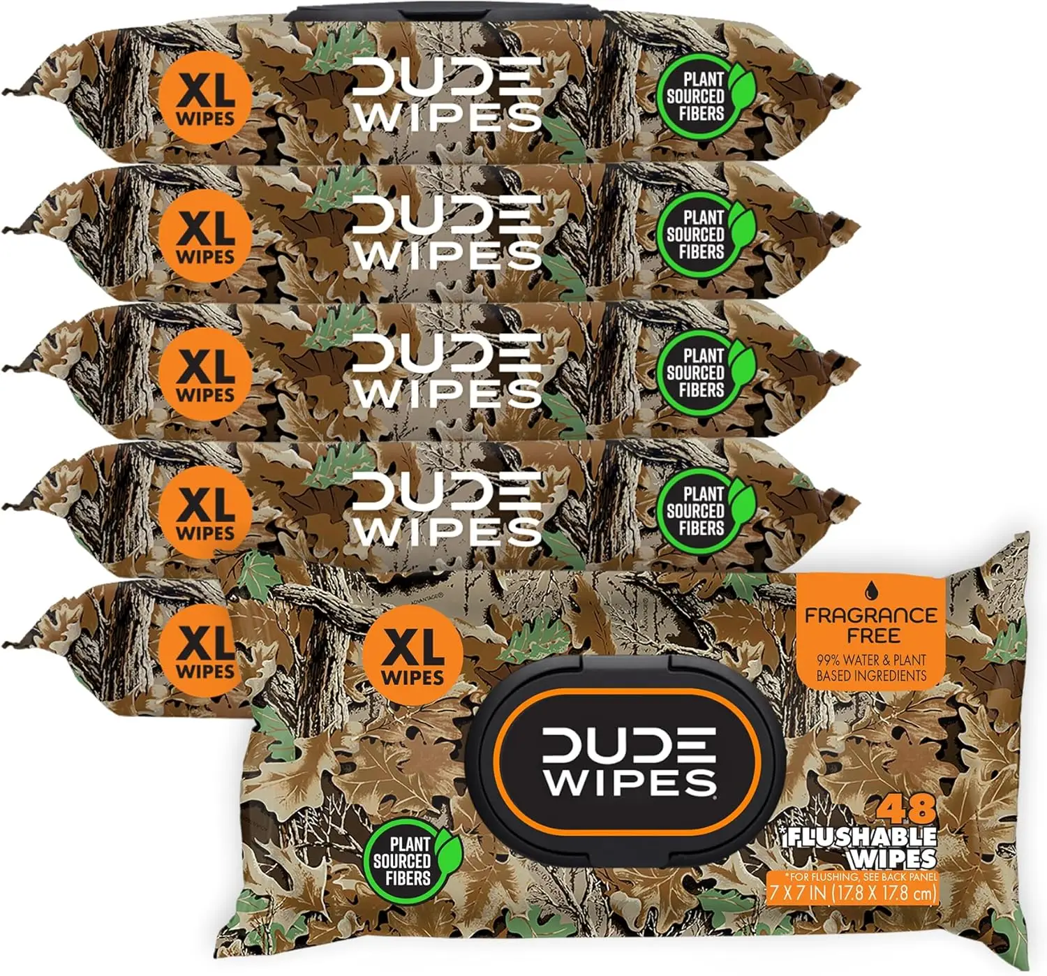 DUDE Wipes - Extra Large Flushable Wet Wipes - (6 Pack) 48 Count, 288 Wipes Total - Extra Large Camouflage Unscented with Vitamin E & Aloe Vera