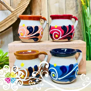 Set of 4 Small Fiesta Clay Mugs - Set Taza Barro