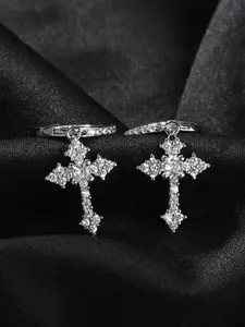 Unisex Rhinestone Cross Drop Earrings, Hip-Hop Style, Dark Fashion, Stainless Steel Chain, Casual Daily Wear, All-Season Jewelry