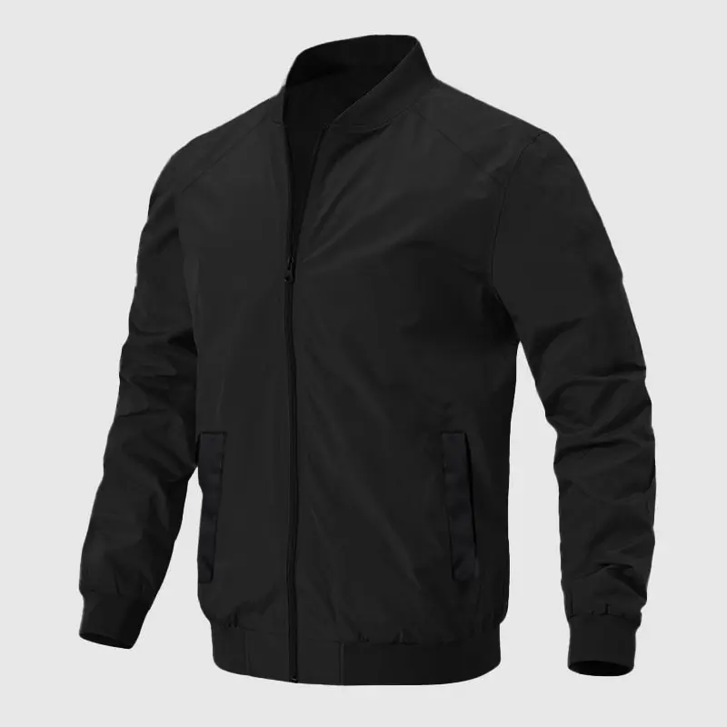Men's Black Jersey Bomber Zip-Up Jackets - Sporty Chic Long Sleeve Lightweight Windbreaker Coats, Plain Casual Street Outerwear, Father’s Day Gift