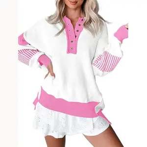 Fessceruna Womens Oversized Sweaters Color Block Button Up Batwing Long Sleeve Henley Knit Loose Tunic Sweater Top