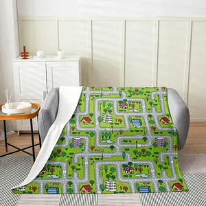 Urban Traffic Road Flannel Fleece Throw Blanket Baby Cartoon House Tree All Season Bed Blanket for Sofa Couch City Life Fuzzy Blanket Utra Soft Nature Theme Plush Blanket Green