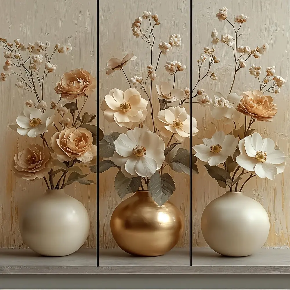 3 Piece Elegant Floral Vase Wall Stickers, Round Ceramic Vases with Dried Flowers, Nordic Style Minimalist Decorative Ornaments Flower Design Self-Adhesive Decor, Cosy Home Decoration