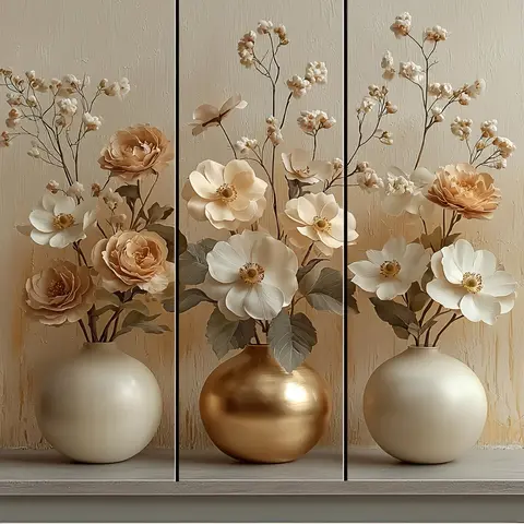 3 Piece Elegant Floral Vase Wall Stickers, Round Ceramic Vases with Dried Flowers, Nordic Style Minimalist Decorative Ornaments Flower Design Self-Adhesive Decor, Cosy Home Decoration
