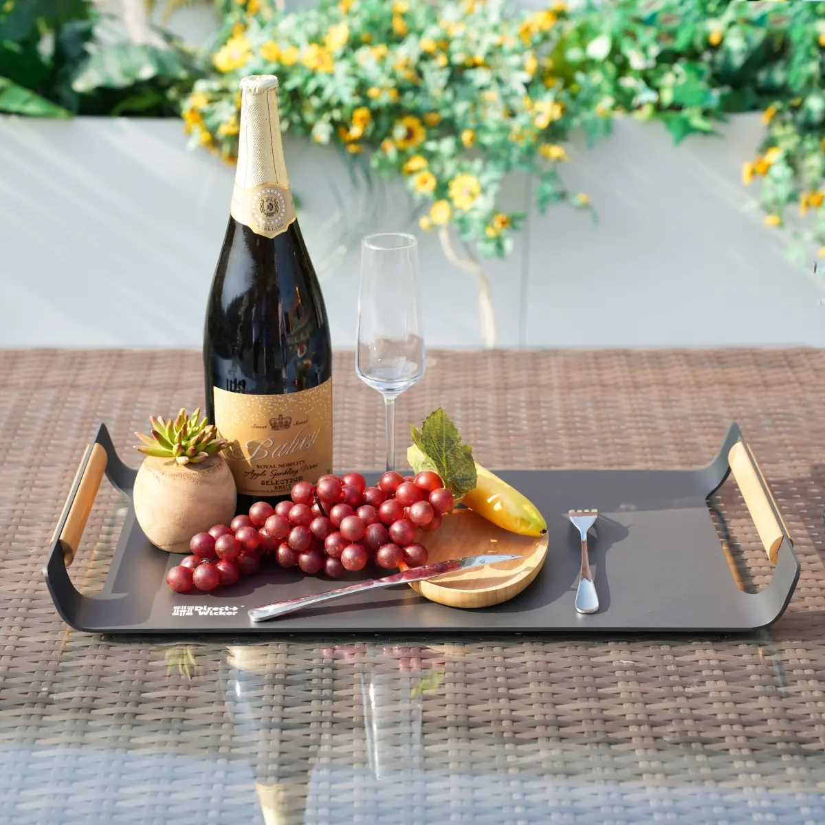 Direct Wicker Rectangular Outdoor Patio Aluminum Tableware Tray (DW-Tray-01-GR-SY) - 4.40 lbs, Grey Powdercoat Finish, Teak Handles, Minimalist, Weatherproof Stylish Utility Piece, Ergonomic Design for Adults & Teenagers, 22.91' L X 11.81' D X 2.16' H