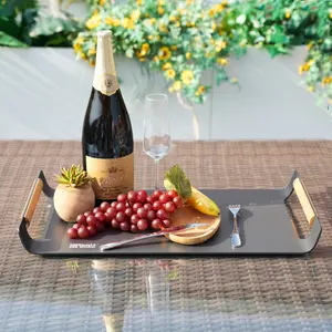 Direct Wicker Rectangular Outdoor Patio Aluminum Tableware Tray (DW-Tray-01-GR-SY) - Grey Powdercoat Finish, Teak Handles, Minimalist, Weatherproof, Stylish Utility Piece