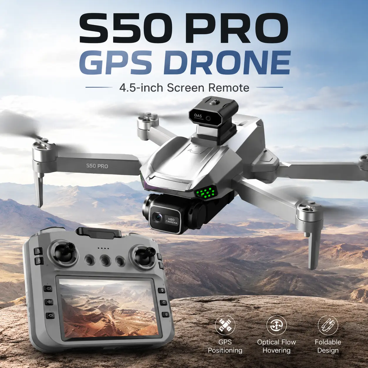 S50 PRO GPS Camera Drone - Foldable Compact ABS Plastic RC Quadcopter with 4.5-in Screen Remote, GPS+Optical Flow Hovering, Portable Folding Design, Charging Accessories & Cable for Beginner Pilots