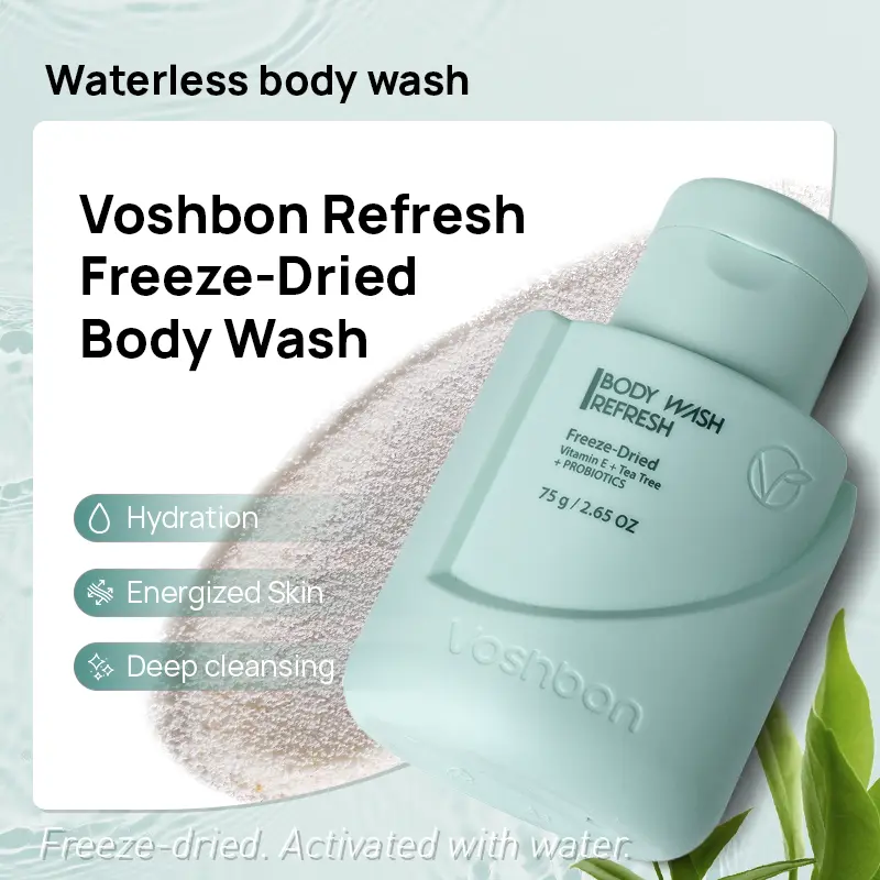 VOSHBON Refresh Freeze-Dried Body Wash | Probiotic Body Care for Sensitive Skin | Travel Essentials TSA Approved | Deep Cleansing & Glowing Skin