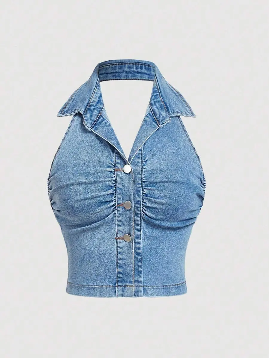 DenimCo Plus Size Women Denim Crop Top Casual Sleeveless Halter Neck Button Front Collared Summer
