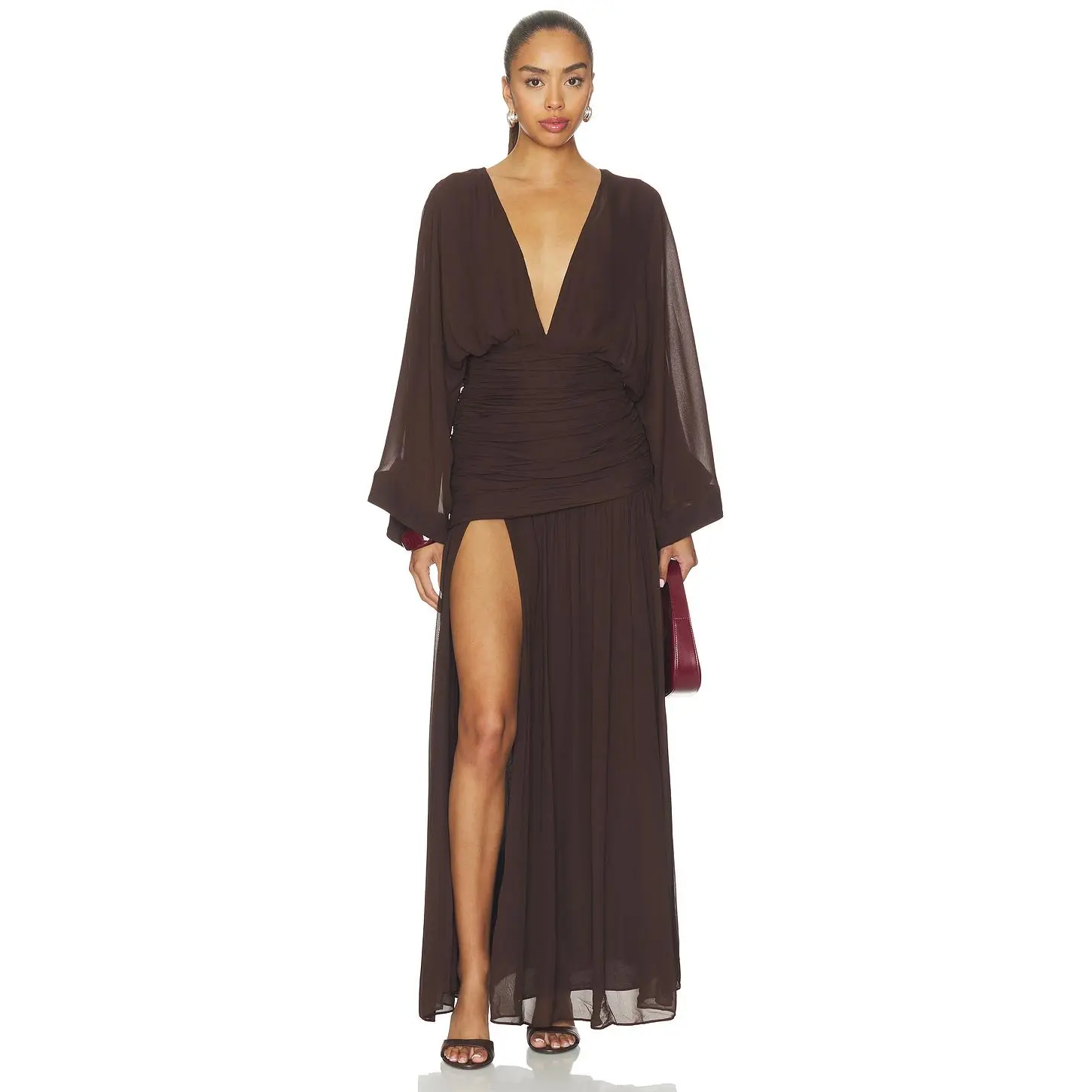 Shona Joy Amina Balloon Sleeve Plunged Maxi Dress in Ristretto
